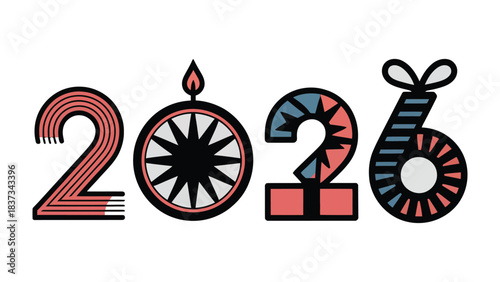 New Year 2026 Typography: A unique and creative graphic design showcasing the year 2026. This artistic representation uses vibrant colors and shapes to create a visual celebration of the future.