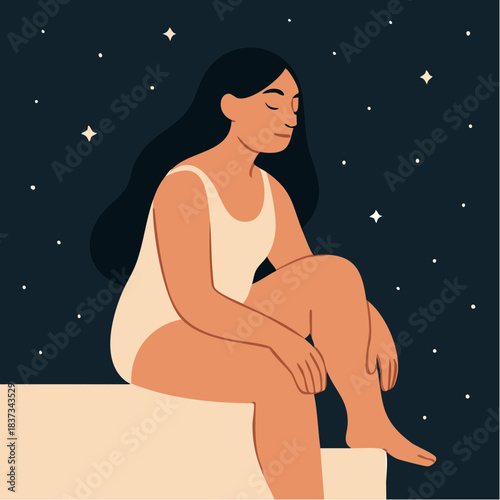 quiet stargazer in soft pose with flowing hair and closed eyes beneath a night sky of peace
