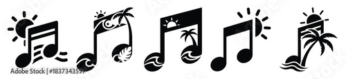 Set of summer music note vector icon in silhouette design. summer design concepts.