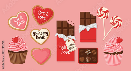 Sweet treats collection: chocolate bars, candy hearts, cupcakes on pink background