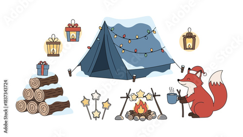 Winter Camping Scene: A festive winter camping scene unfolds with a charming fox enjoying hot beverage, beside a snowy tent adorned with string lights, surrounded by gifts, firewood.