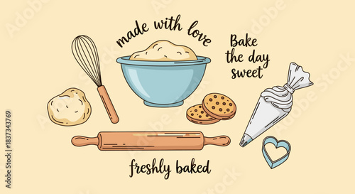 Hand-drawn baking essentials with whisk, bowl, and rolling pin