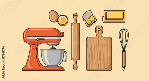 Baking essentials with red mixer, rolling pin, and cutting board on beige background