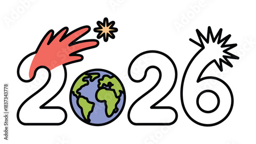 2026 future design concept: Illustrative depiction of the year 2026, featuring symbolic elements like the globe, a vibrant sun.
