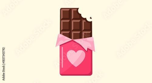 Chocolate bar with heart wrapper in flat design on cream background