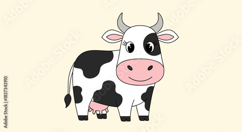 Cute cartoon cow with big eyes and black spots on cream background