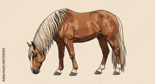 Realistic grazing horse with brown coat and long mane on neutral background