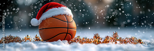 Festive basketball wearing Santa hat on snowy ground Generative AI