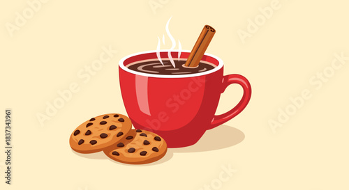 Warm cup of coffee with cinnamon and cookies on beige background