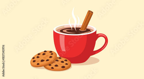 Warm beverage with cinnamon stick and cookies on a cozy morning