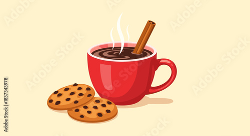 Warm cup of steaming coffee with cinnamon and cookies on light background