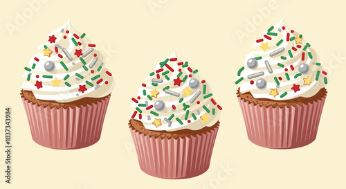 Festive cupcakes with colorful sprinkles in flat design for holiday celebrations