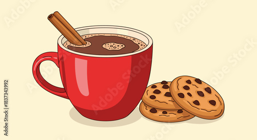 Cozy red mug of hot chocolate with cinnamon stick and chocolate chip cookies