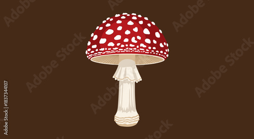 Detailed fly agaric mushroom art with red cap and white spots on dark brown background