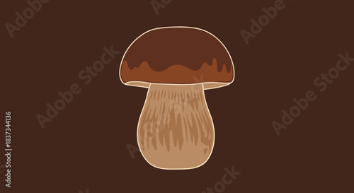 Flat porcini mushroom design on brown background