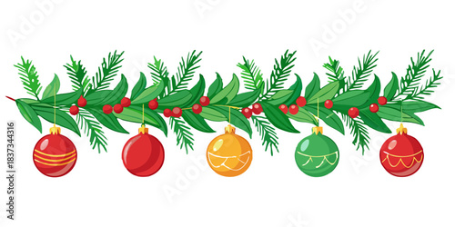 Vector seamless decorative border with green branches and christmas baubles 