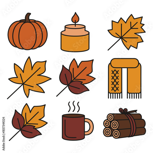 Autumn and fall icons set pumpkin, candle, maple leaves, scarf, hot drink, and cinnamon sticks