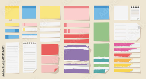Colorful collection of torn paper notes on beige background