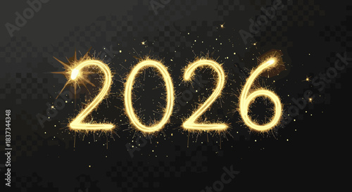 Sparkling golden fireworks number 2026 on transparent background