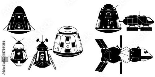 Space Capsule Docking Vehicle Vector Silhouette Set