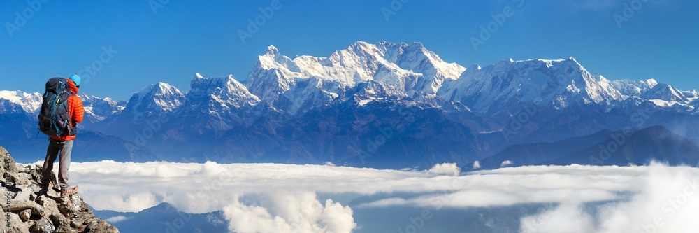 Naklejka premium mount Kangchenjunga 8586 m with moon from Eastern Nepal