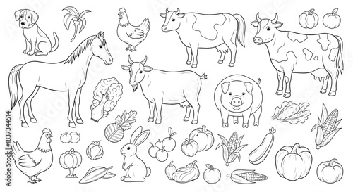 Farm animals and produce in linear style: horse, cow, chicken, goat, harvest elements