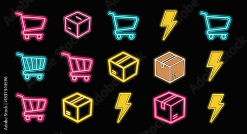 Neon shopping carts and lightning bolts pop art pattern with carton boxes on black background