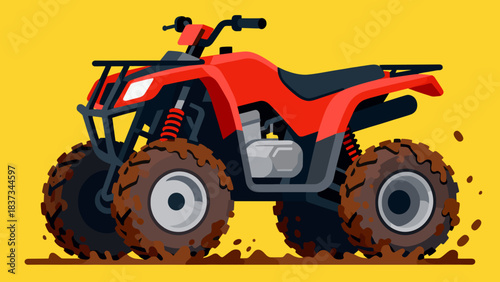 Red all-terrain vehicle with mud splatter on bright yellow background  