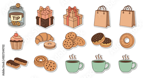 Coffee and bakery icons with tips and gifts: a charming flat style collection
