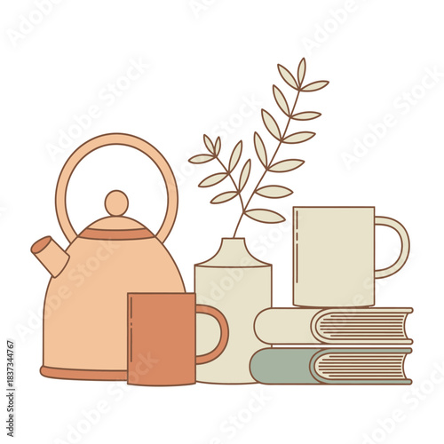 Illustration of a teapot, mugs, books, and a vase with a sprig, white