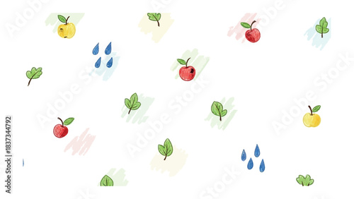 Sweet simplicity: a playful array of fresh red apples, delicate green leaves, and charming raindrops dance across a clean canvas of whimsical elements.