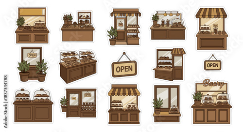 Charming bakery shop icons with open signs and pastries in flat cartoon style