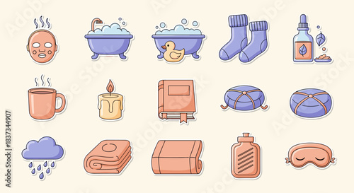 Cozy relaxation icons set featuring bath, self care, and wellness elements in pastel colors