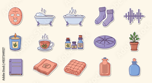 Cozy spa and relaxation items collection in modern pastel stickers