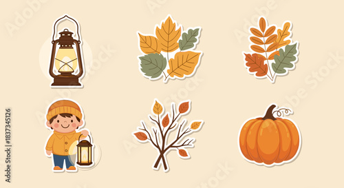 Autumn stickers set with lantern, leaves, pumpkin, and child in orange outfit