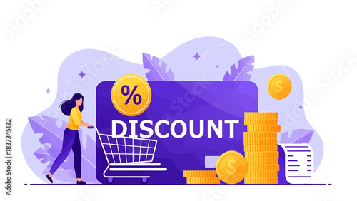 Woman pushing shopping cart towards a large discount card, symbolizing savings and retail offers