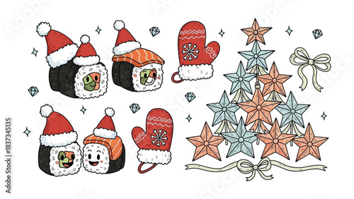 Sushi Holiday Festive: An artistic illustration of sushi rolls adorned with Santa hats and winter mittens arranged with christmas tree and star. perfect for holiday promotions and seasonal menus.