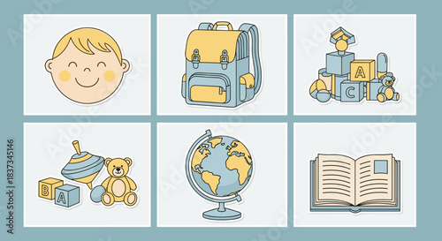 Pastel school and childhood icons set featuring toys and education essentials