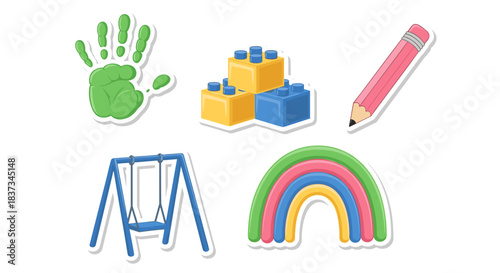 Colorful children's toys and art supplies in sticker style