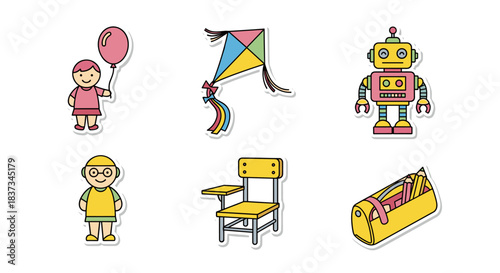 Colorful toy and school supplies collection in line art style