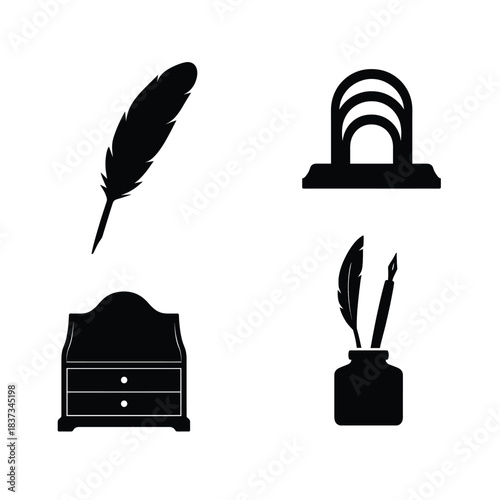 Vintage Office And Storage Furniture Silhouette Icons Keywords: letter rack, filing cabinet, storage, office