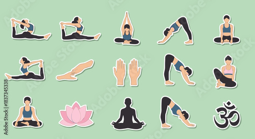 Yoga poses sticker set: diverse stretching and meditation collection on green background