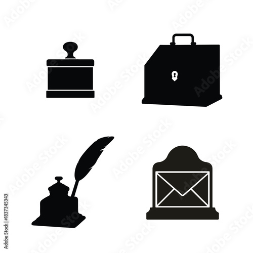 Vintage Stamp Pad Mailbox Inkwell and Briefcase Silhouette Icons Keywords: stamp pad, ink pad, mailbox, envelope