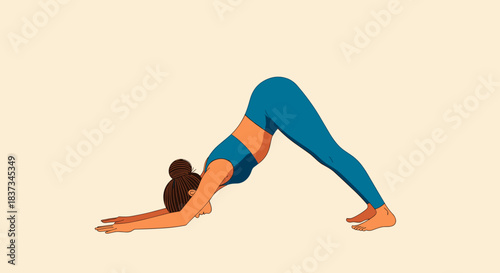 Woman practicing yoga in downward dog pose on beige background