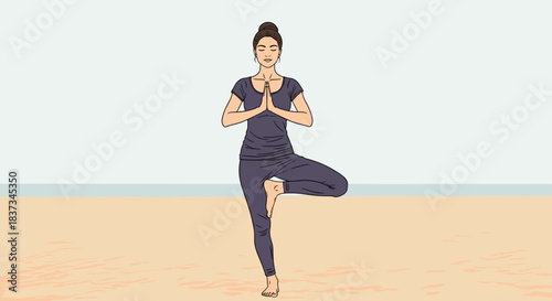 Calm woman practicing yoga in tree pose on tranquil beach