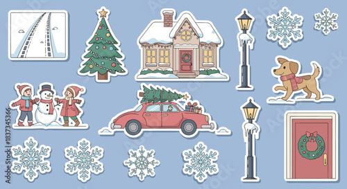 Festive winter stickers with snowy house, decorated tree, and holiday decor