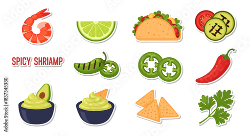 Delicious mexican food icons featuring tacos, peppers, and avocado in colorful cartoon style