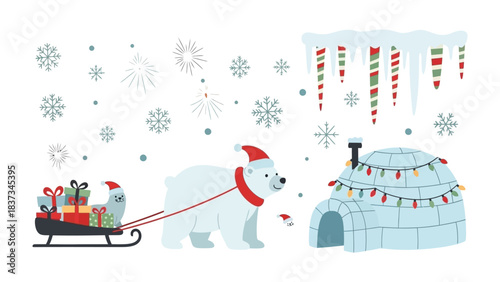 Winter Wonderland Celebration: A festive illustration depicts a polar bear pulling a sled laden with gifts towards an igloo adorned with Christmas lights.