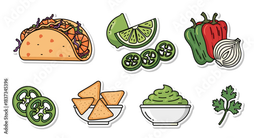 Colorful doodle style taco and mexican food ingredients set