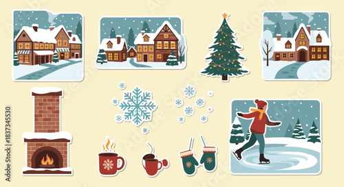 Cozy winter scene with snowy village, ice skating, and holiday elements